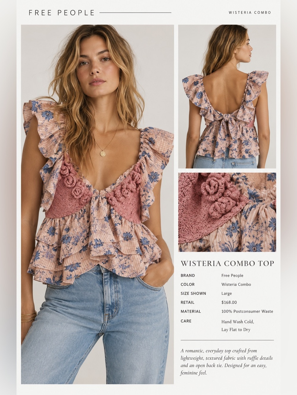 Free People Wisteria Combo Floral Ruffle Top in Dusty Rose and Blue